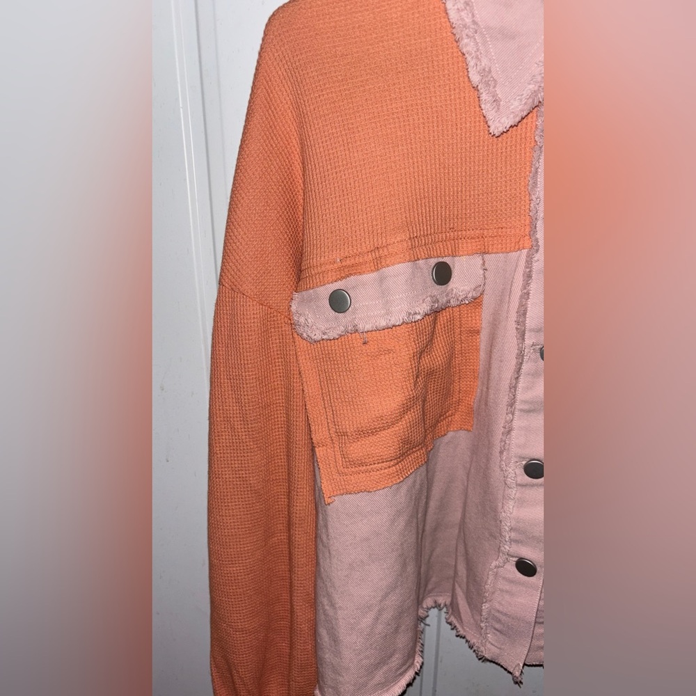 Waffle knit Chic Women's Oversized Orange and Pink Utility Jacket w/pockets - Picture 6 of 13